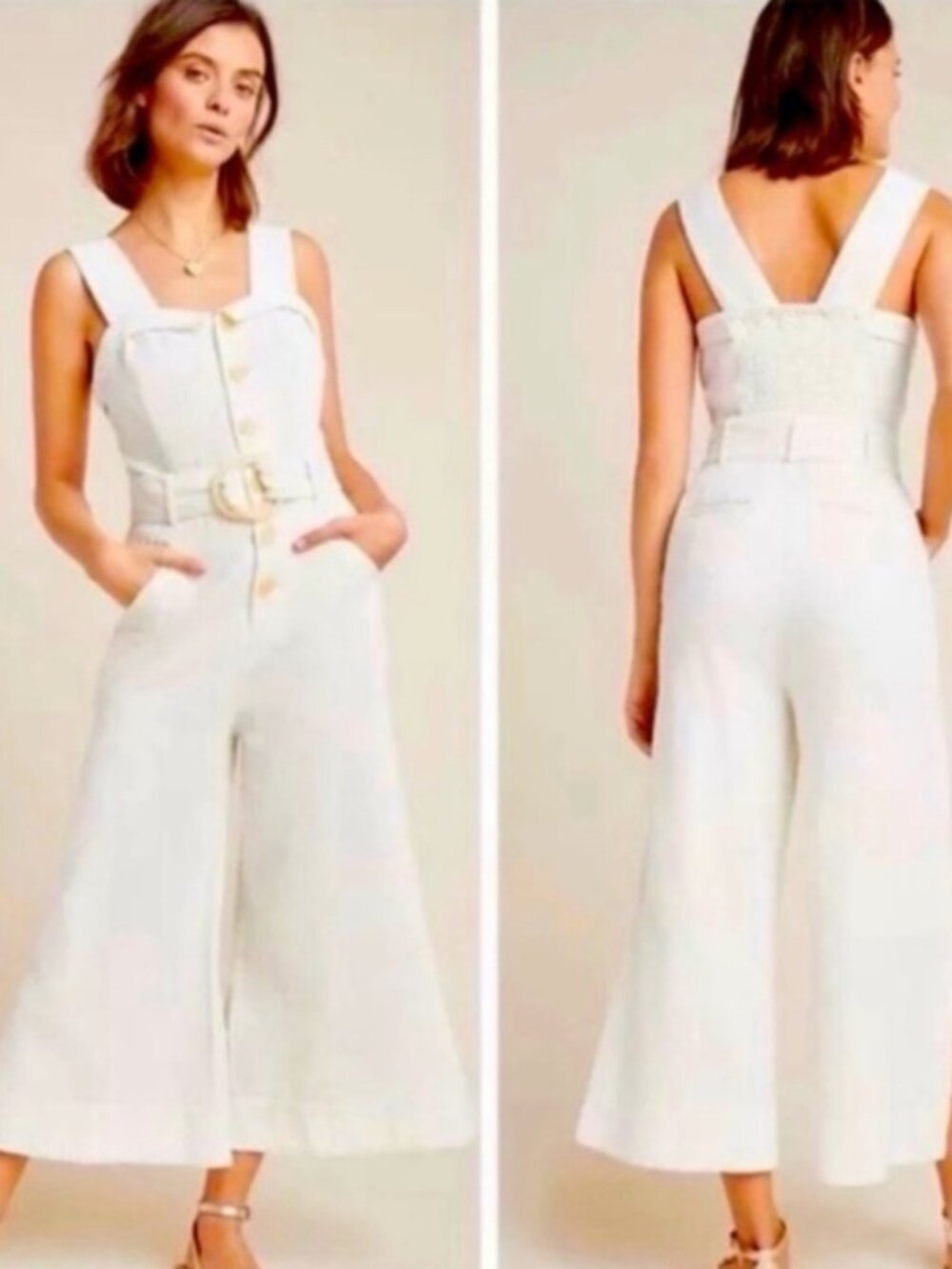 Anthropologie Cream Linen Jumpsuit